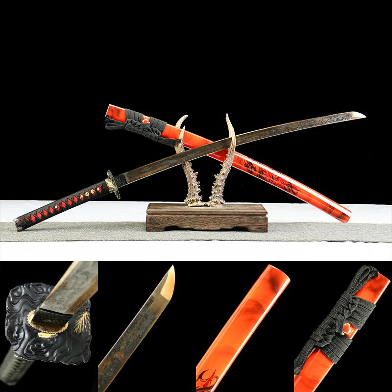 Hengmong Demon Katana with Vintage 1095 Carbon Steel Blade, Ebony Wood Saya, Oil Quenched and Tempered