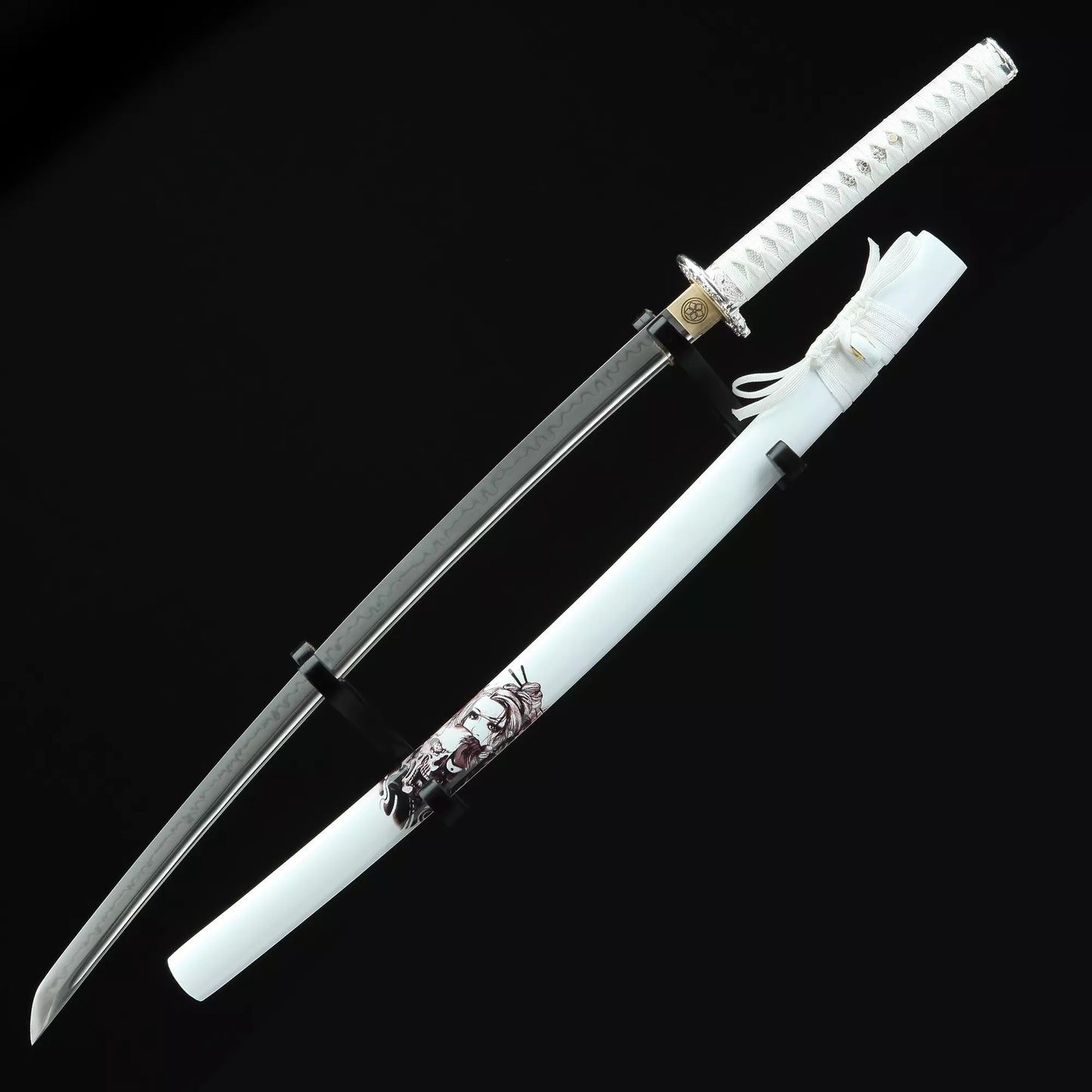 White Katana _ Handmade Japanese Katana Sword T10 Folded Clay Tempered Steel With White Scabbard