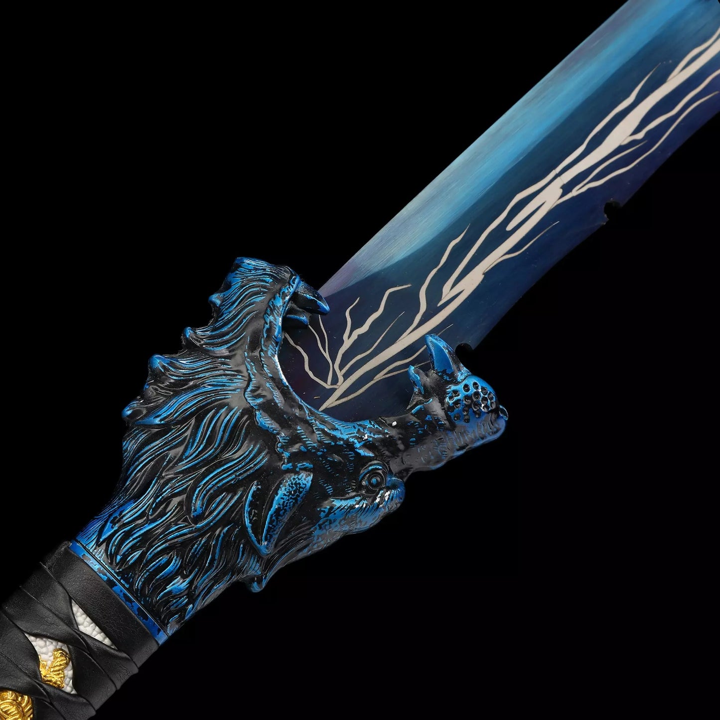 Handmade Japanese Katana Sword With Blue Lightning Blade And Leopard Tsuba