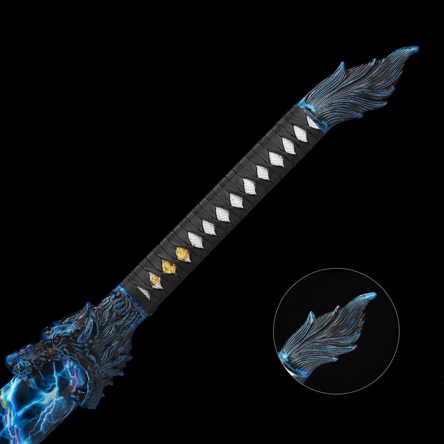 Handmade Japanese Katana Sword With Blue Lightning Blade And Leopard Tsuba