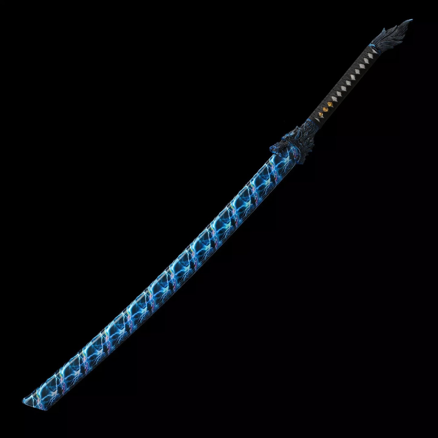 Handmade Japanese Katana Sword With Blue Lightning Blade And Leopard Tsuba