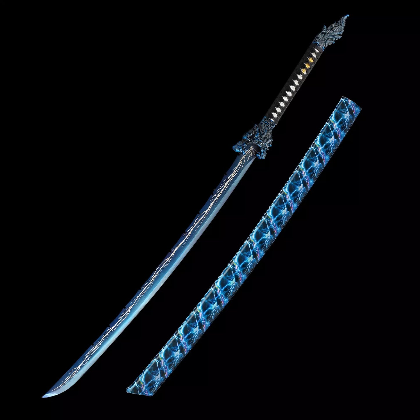 Handmade Japanese Katana Sword With Blue Lightning Blade And Leopard Tsuba