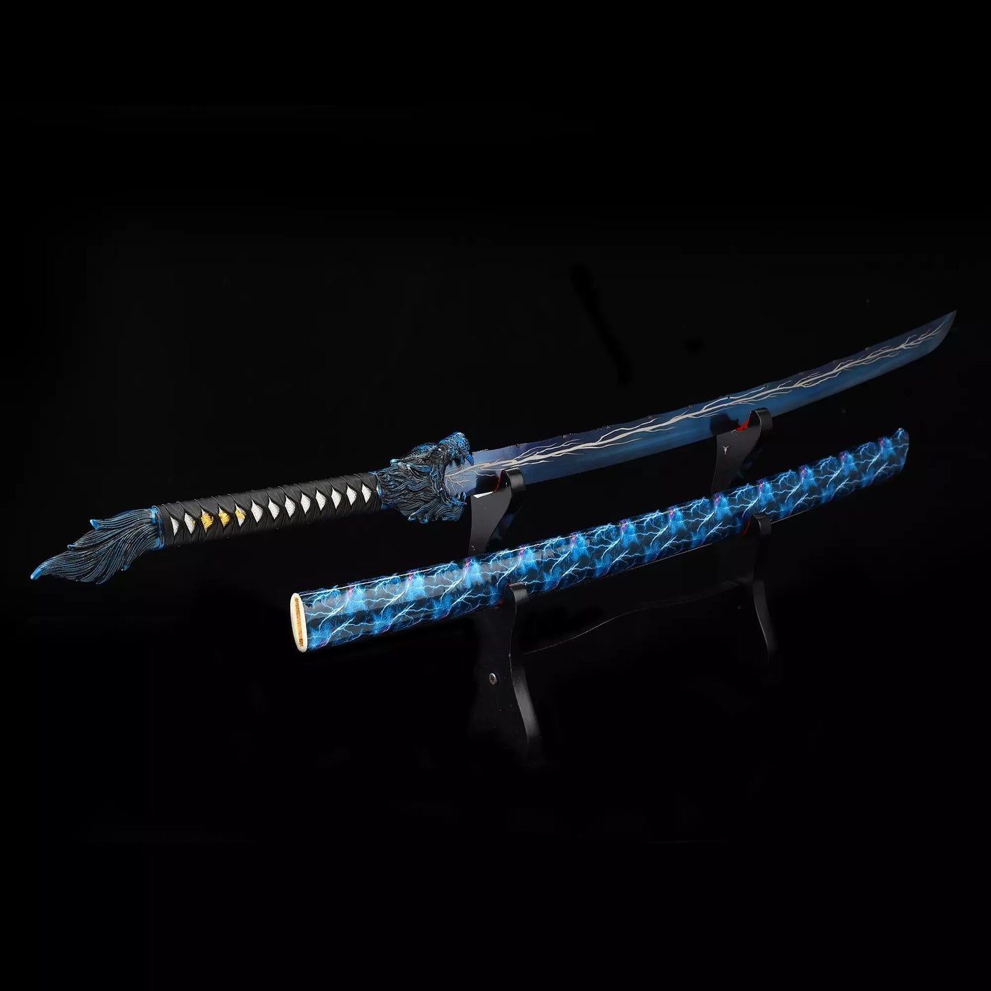 Handmade Japanese Katana Sword With Blue Lightning Blade And Leopard Tsuba