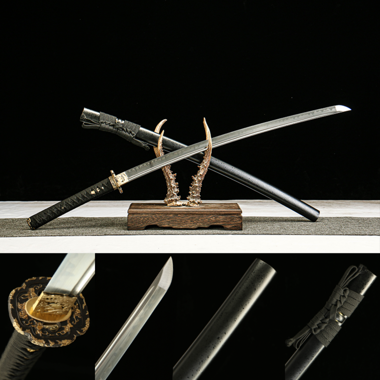T10 Tool Steel Clay Tempered Katana with Brass Fittings and Black Lacquered Scabbard