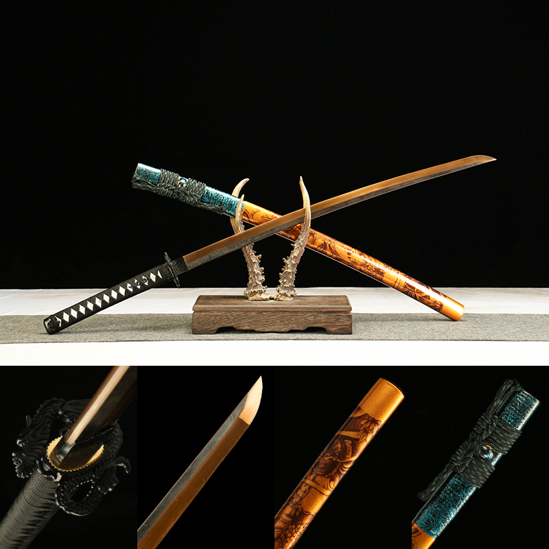 T10 High-Carbon Steel Golden Blade Katana with Black Fuchi and Golden Lacquered Scabbard