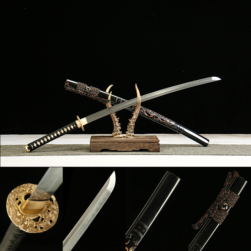 T10 Clay Tempered Katana with Golden Brass Fittings and Black Lacquered Scabbard Featuring a Golden Dragon Design