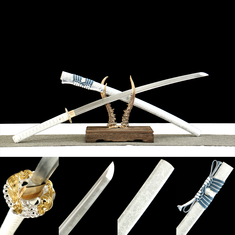 White Jade - Handmade 1065 Steel Katana with Oil Quenched & Tempered Blade, Zinc Alloy Fittings, and Wooden Scabbard