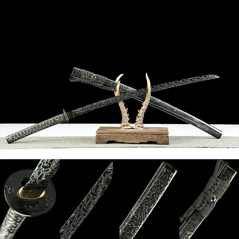 Demon Pattern Katana with Blackened Design and Black Lacquer Saya