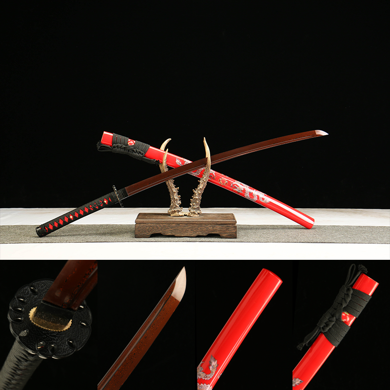 Patterned Steel Red Heat-Treated Blade with Red Lacquered Scabbard Featuring a Golden Dragon Design