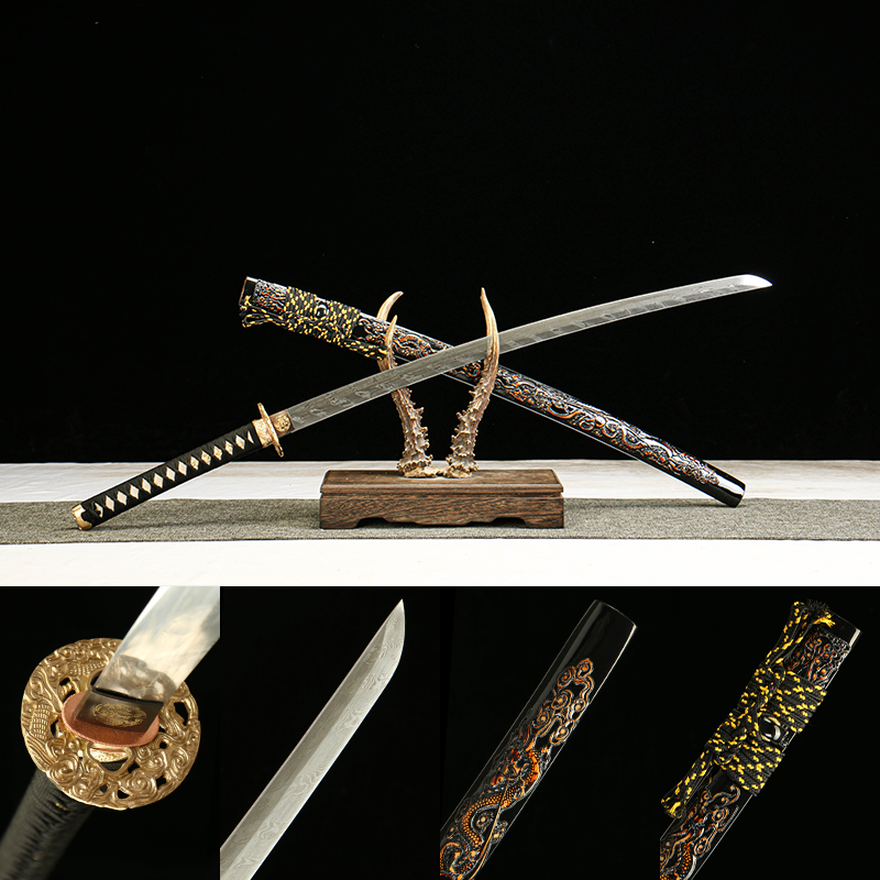 Damascus Steel Twisted Pattern Blade Katana with Brass Fittings and Black Lacquered Scabbard Featuring a Golden Dragon Design