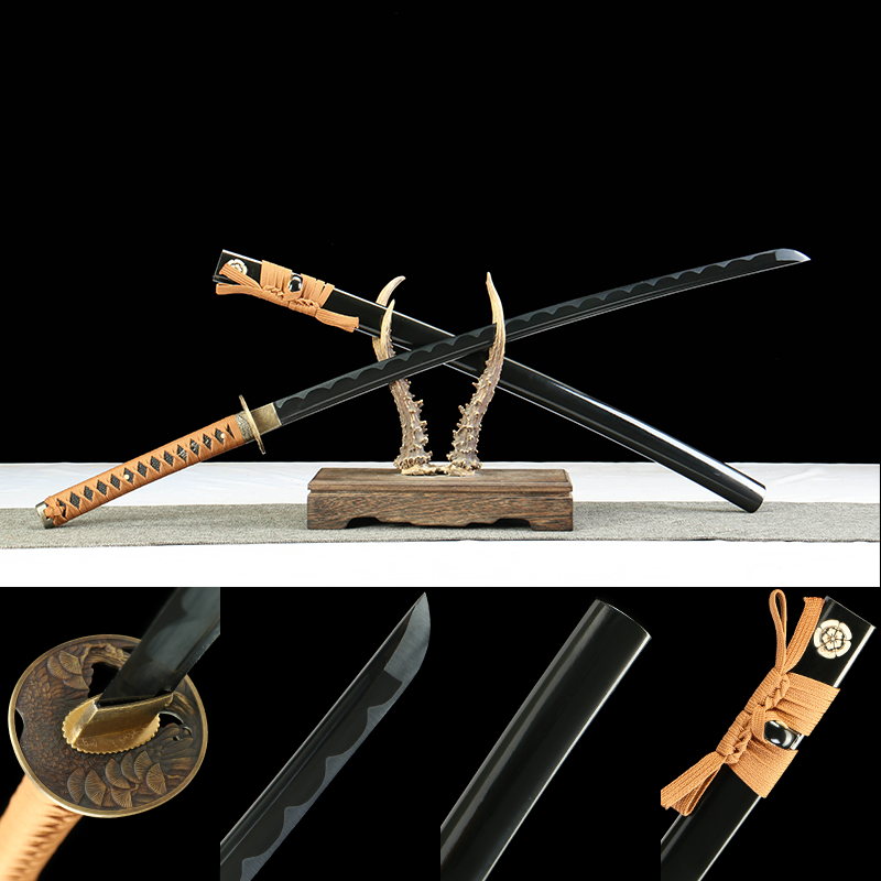 Nocturnal Spirit Katana with Blackened 1045 Carbon Steel Blade, Ebony Wood Saya, Oil Quenched and Tempered
