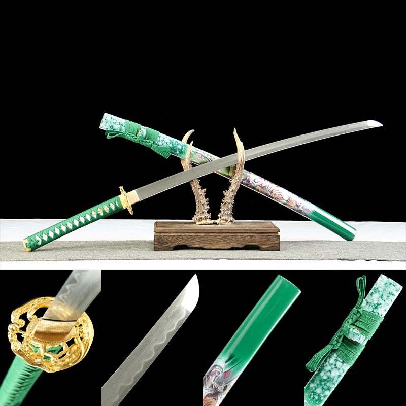 Damascus Pattern Steel Japanese Katana with Clay Tempered Blade and Green Tiger Saya