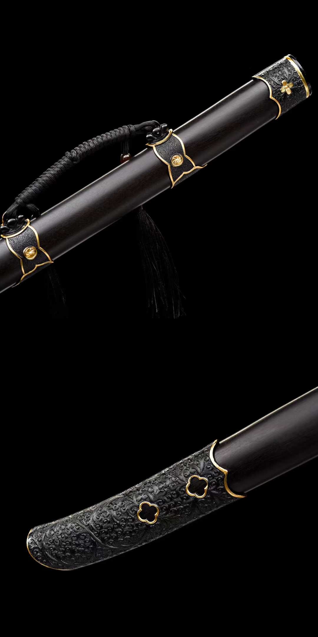 Black Gold Embroidered Spring Knife ~ Falling Shadow (SHARP)