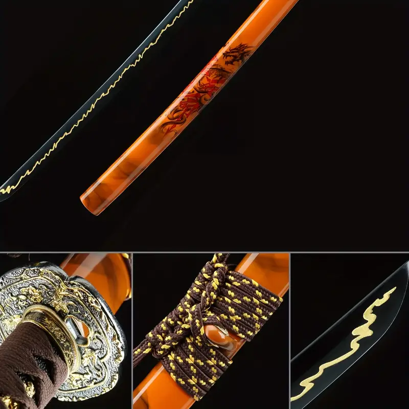 103cm/41.77in Full Blade T10 Roasted Red Samurai Sword with Solid Wood Lacquered Orange Sheath & Copper Fittings | Perfect for Gamers, Anime Fans, Cosplay, Costume Parties | Custom Laser Engraving Available | Stress-Relief Gift