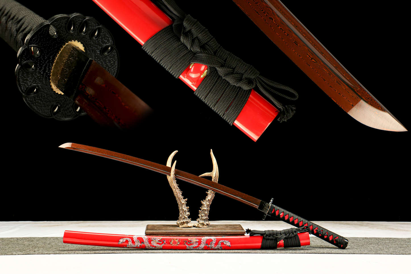 Patterned Steel Red Heat-Treated Blade with Red Lacquered Scabbard Featuring a Golden Dragon Design