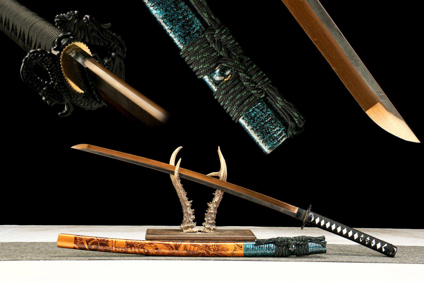 T10 High-Carbon Steel Golden Blade Katana with Black Fuchi and Golden Lacquered Scabbard