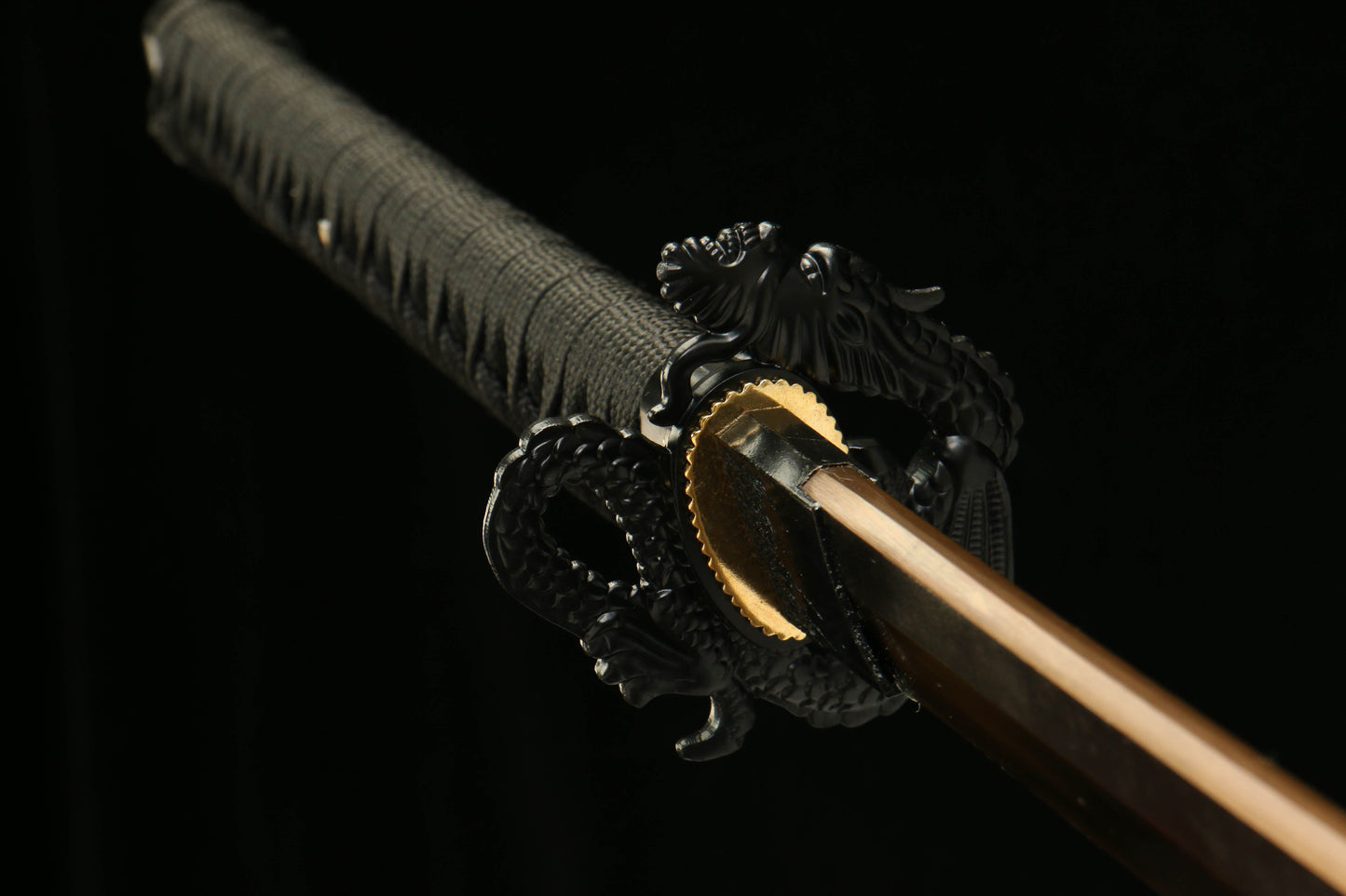 T10 High-Carbon Steel Golden Blade Katana with Black Fuchi and Golden Lacquered Scabbard