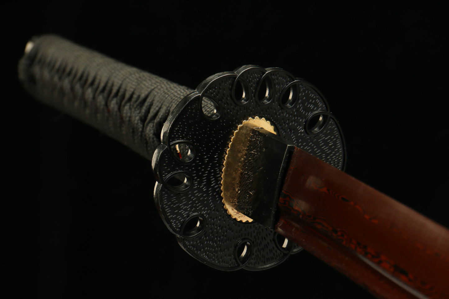 Patterned Steel Red Heat-Treated Blade with Red Lacquered Scabbard Featuring a Golden Dragon Design