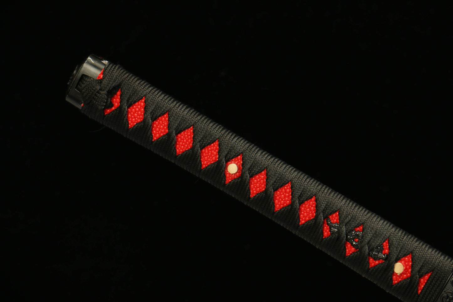 Patterned Steel Red Heat-Treated Blade with Red Lacquered Scabbard Featuring a Golden Dragon Design