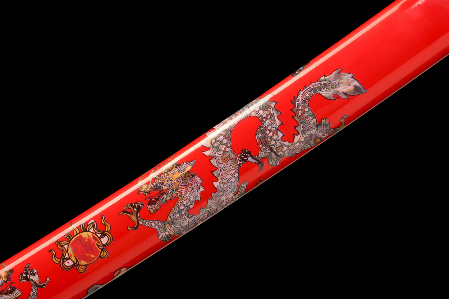Patterned Steel Red Heat-Treated Blade with Red Lacquered Scabbard Featuring a Golden Dragon Design
