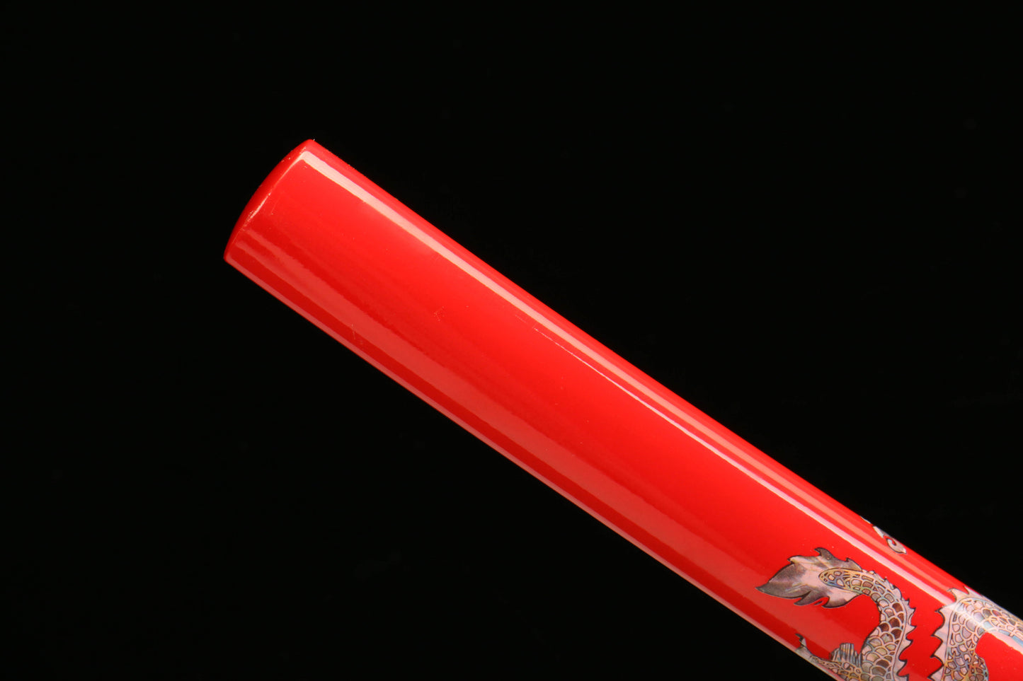 Patterned Steel Red Heat-Treated Blade with Red Lacquered Scabbard Featuring a Golden Dragon Design