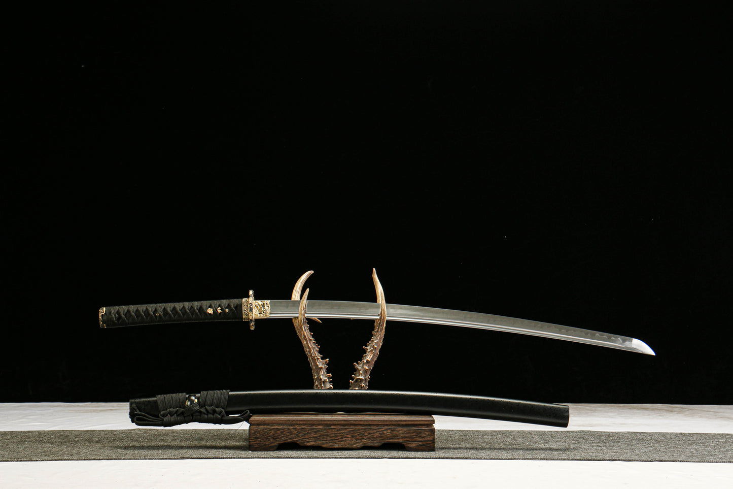 T10 Tool Steel Clay Tempered Katana with Brass Fittings and Black Lacquered Scabbard