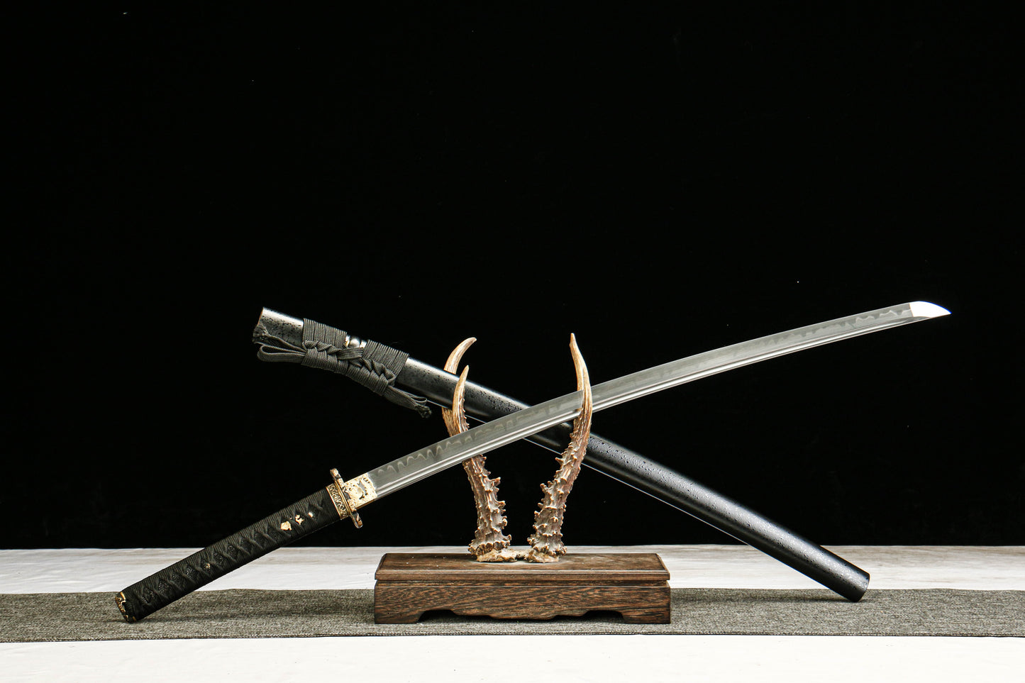 T10 Tool Steel Clay Tempered Katana with Brass Fittings and Black Lacquered Scabbard