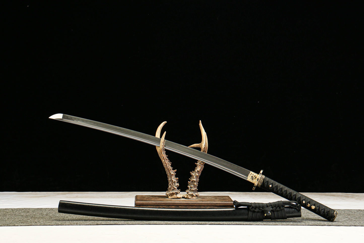 T10 Tool Steel Clay Tempered Katana with Brass Fittings and Black Lacquered Scabbard