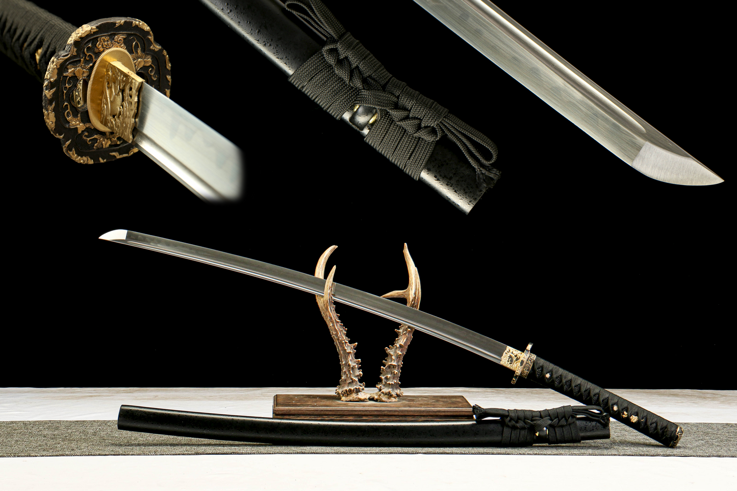 T10 Tool Steel Clay Tempered Katana with Brass Fittings and Black Lacquered Scabbard