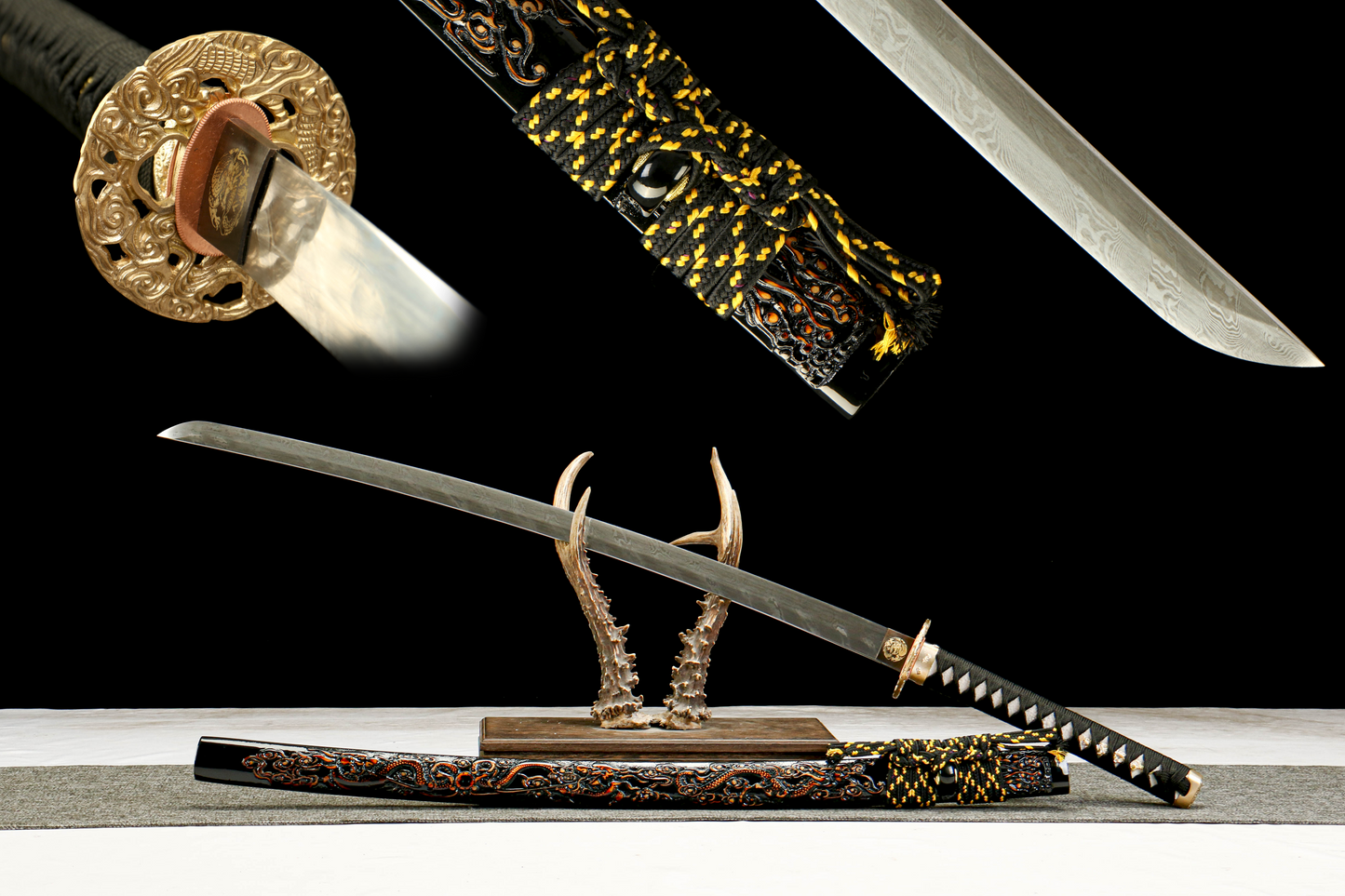 Damascus Steel Twisted Pattern Blade Katana with Brass Fittings and Black Lacquered Scabbard Featuring a Golden Dragon Design