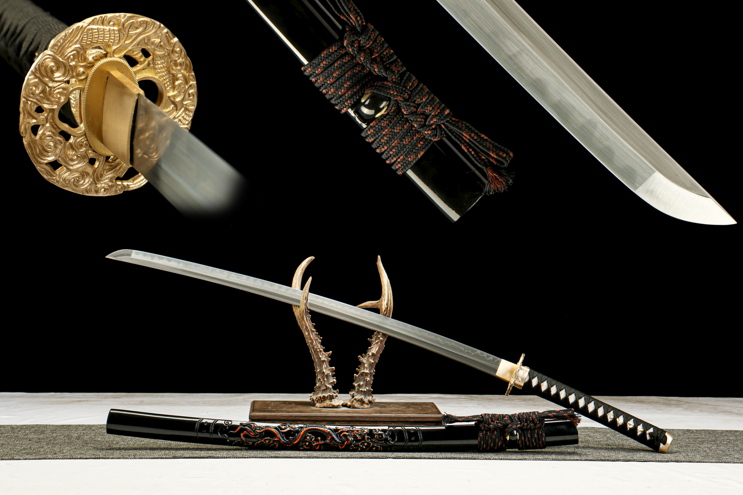 T10 Clay Tempered Katana with Golden Brass Fittings and Black Lacquered Scabbard Featuring a Golden Dragon Design