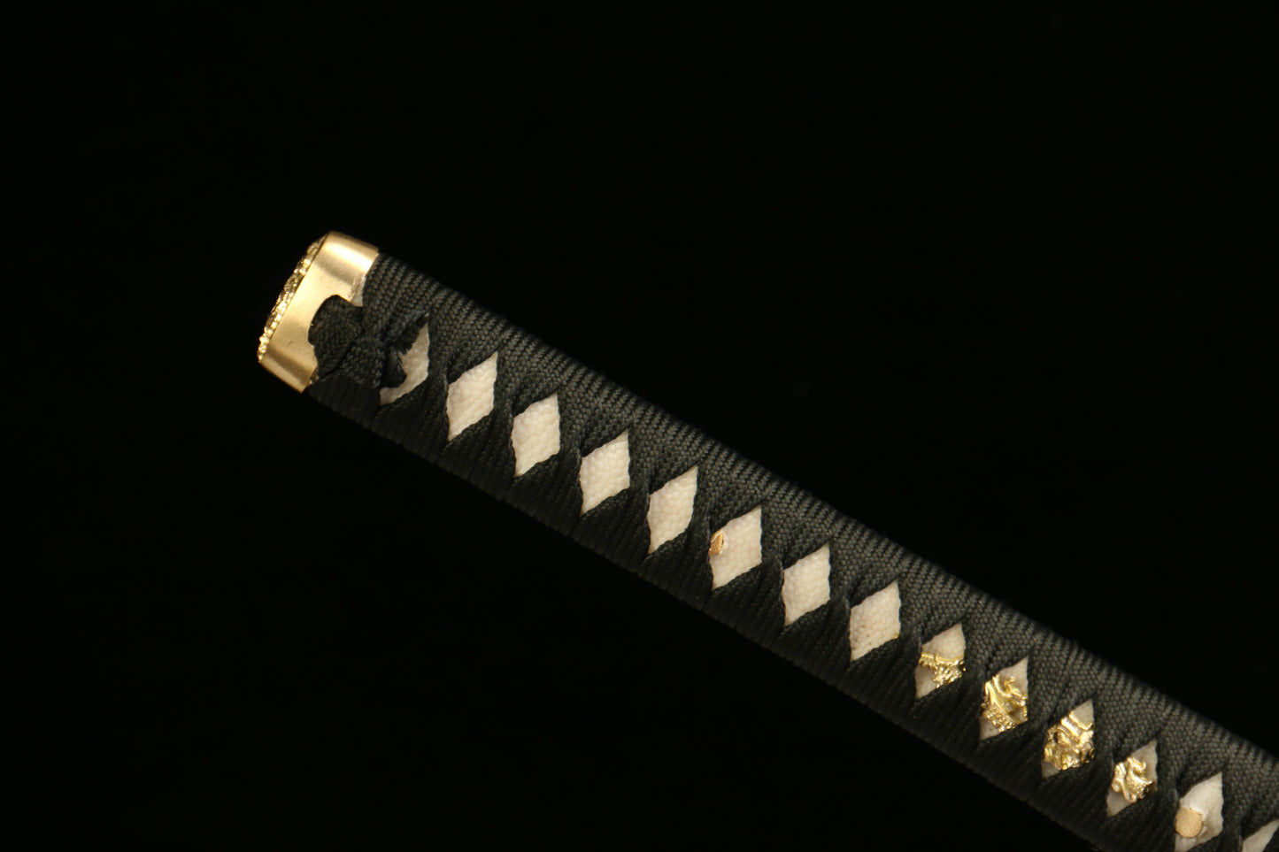 Damascus Steel Twisted Pattern Blade Katana with Brass Fittings and Black Lacquered Scabbard Featuring a Golden Dragon Design