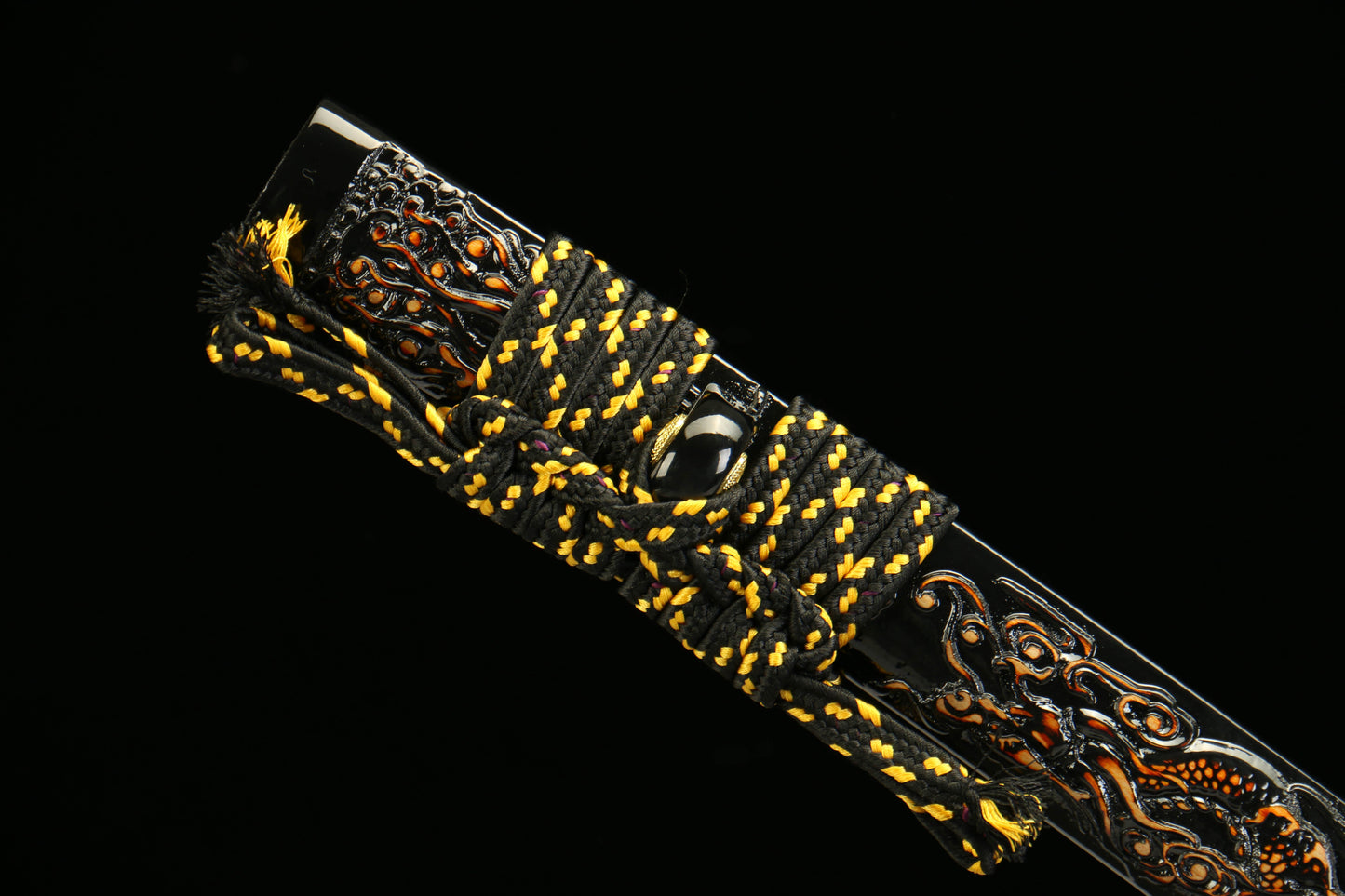 Damascus Steel Twisted Pattern Blade Katana with Brass Fittings and Black Lacquered Scabbard Featuring a Golden Dragon Design