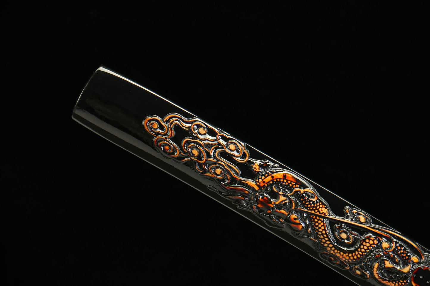 Damascus Steel Twisted Pattern Blade Katana with Brass Fittings and Black Lacquered Scabbard Featuring a Golden Dragon Design