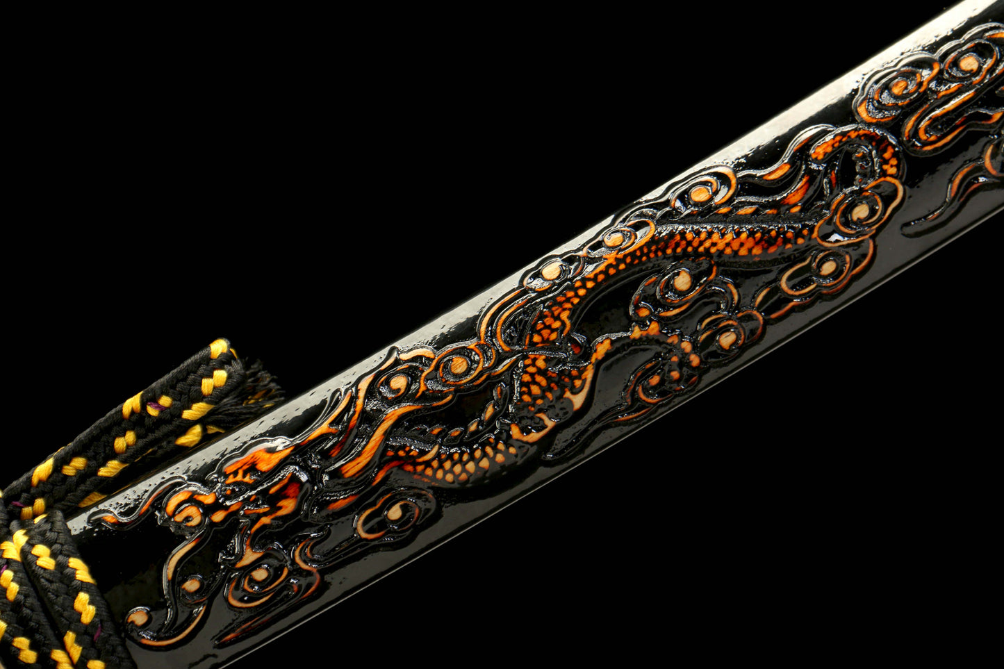 Damascus Steel Twisted Pattern Blade Katana with Brass Fittings and Black Lacquered Scabbard Featuring a Golden Dragon Design