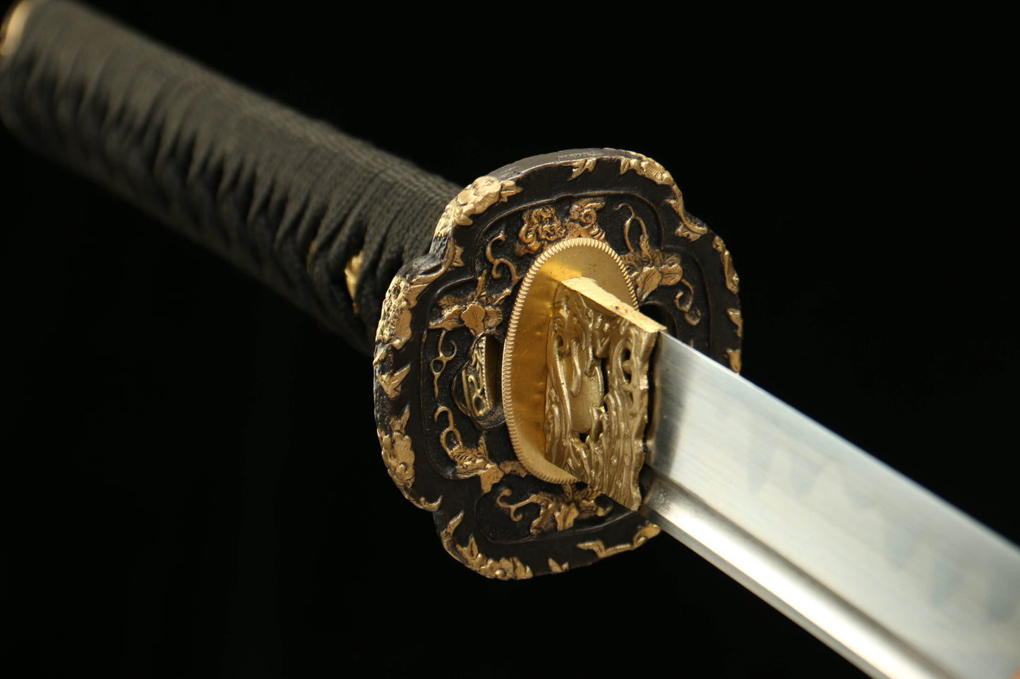 T10 Tool Steel Clay Tempered Katana with Brass Fittings and Black Lacquered Scabbard