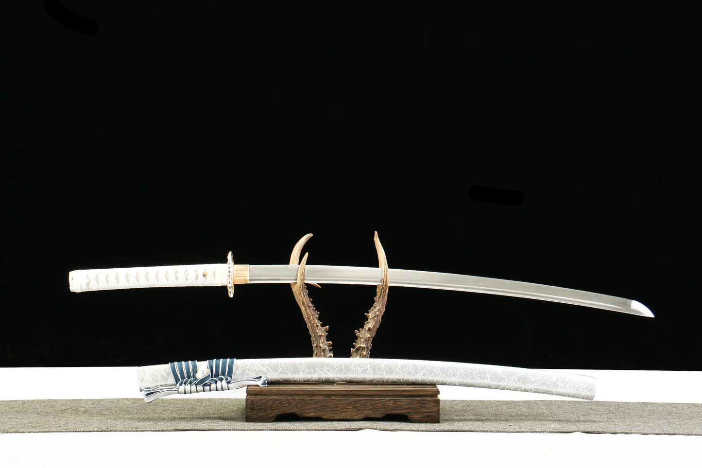 White Jade - Handmade 1065 Steel Katana with Oil Quenched & Tempered Blade, Zinc Alloy Fittings, and Wooden Scabbard
