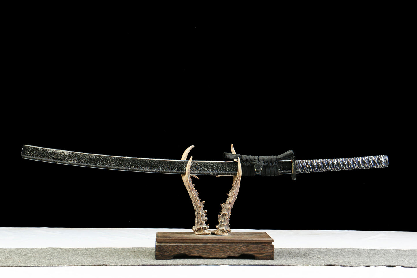 Demon Pattern Katana with Blackened Design and Black Lacquer Saya