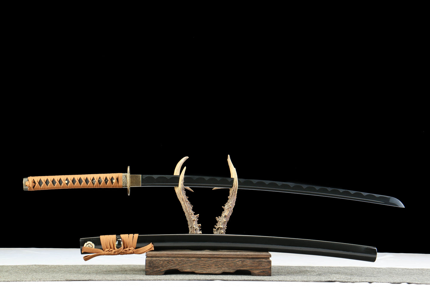Nocturnal Spirit Katana with Blackened 1045 Carbon Steel Blade, Ebony Wood Saya, Oil Quenched and Tempered