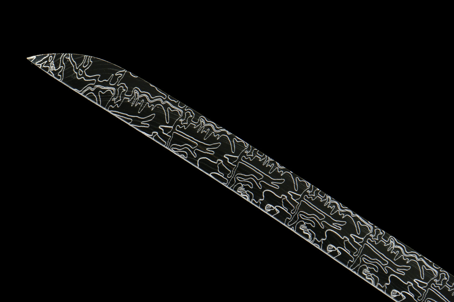 Demon Pattern Katana with Blackened Design and Black Lacquer Saya