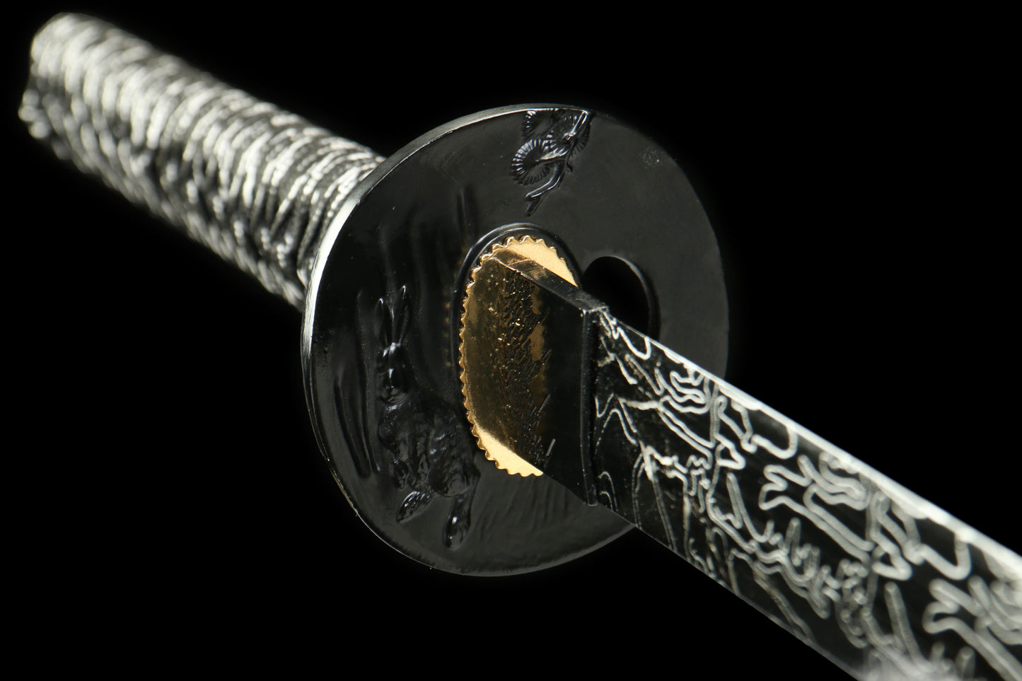 Demon Pattern Katana with Blackened Design and Black Lacquer Saya
