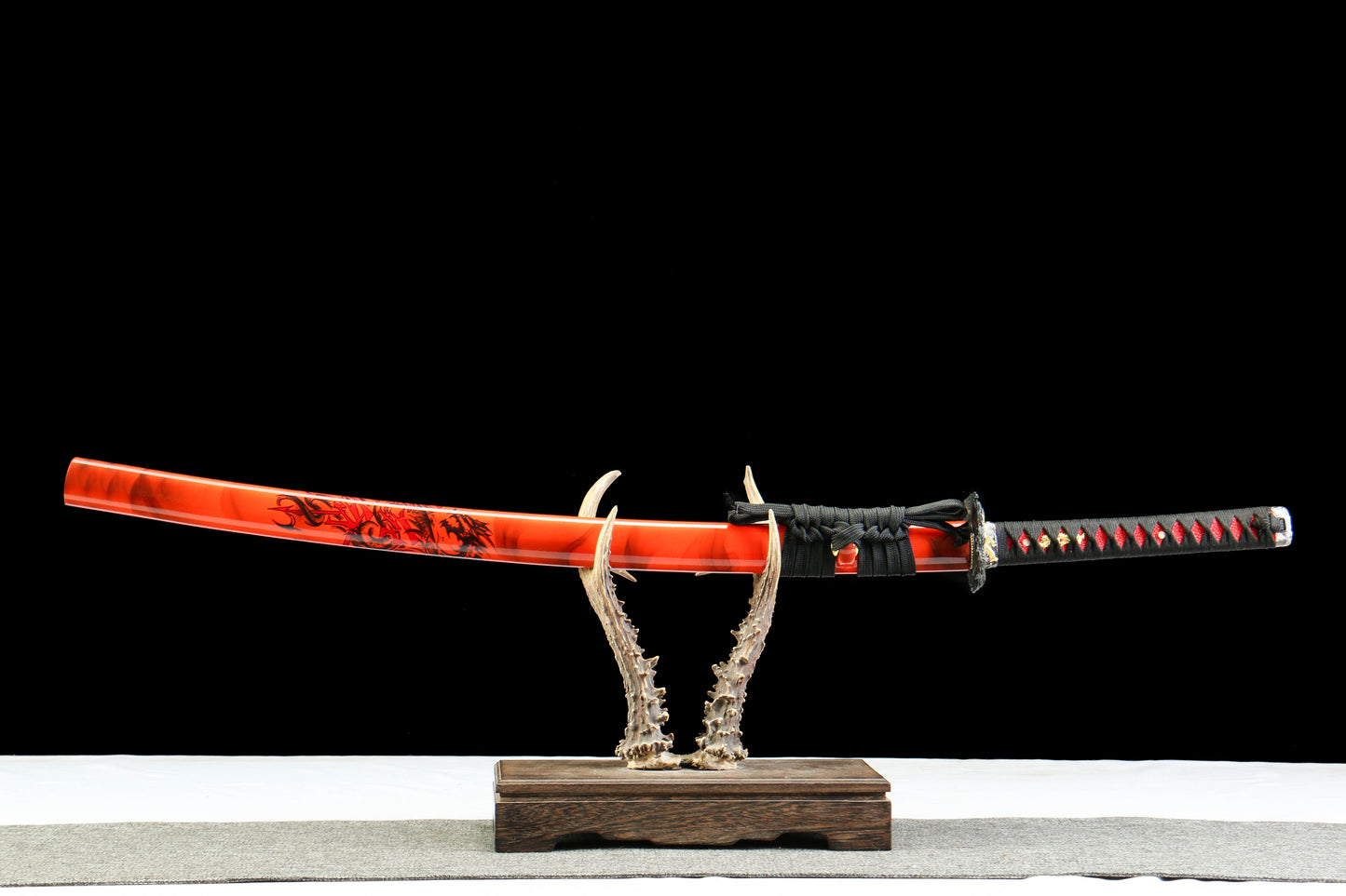 Hengmong Demon Katana with Vintage 1095 Carbon Steel Blade, Ebony Wood Saya, Oil Quenched and Tempered