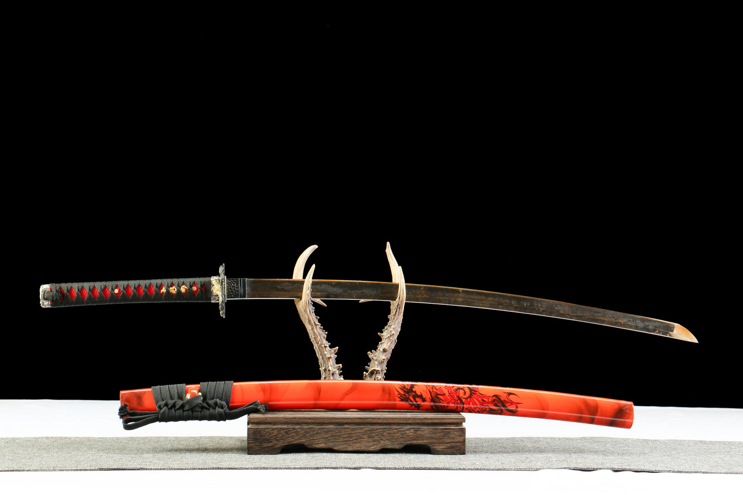 Hengmong Demon Katana with Vintage 1095 Carbon Steel Blade, Ebony Wood Saya, Oil Quenched and Tempered