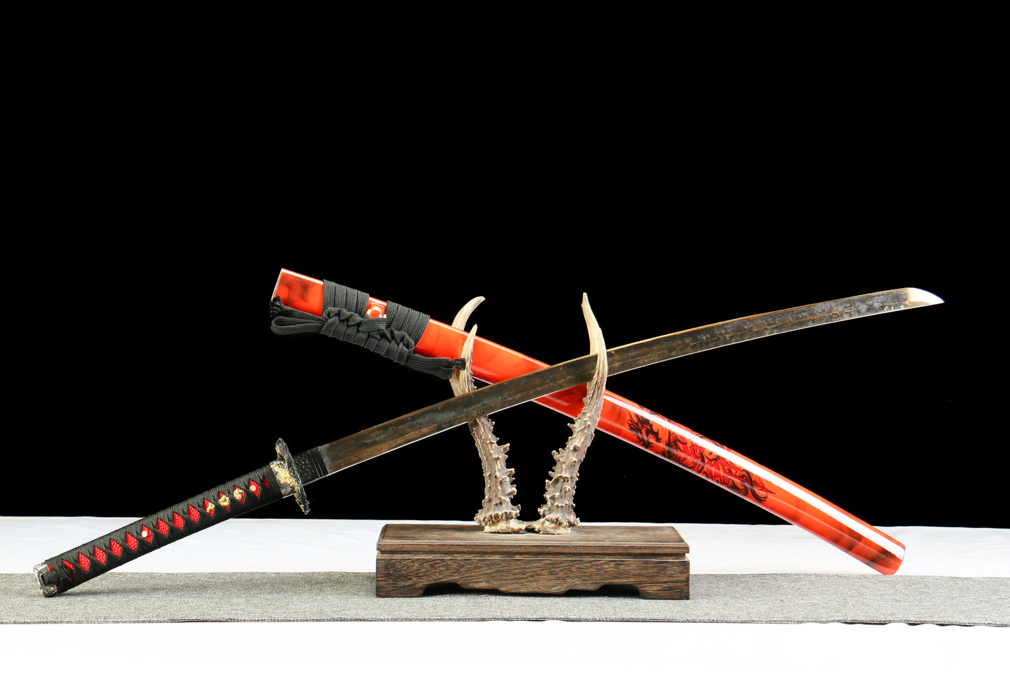 Hengmong Demon Katana with Vintage 1095 Carbon Steel Blade, Ebony Wood Saya, Oil Quenched and Tempered