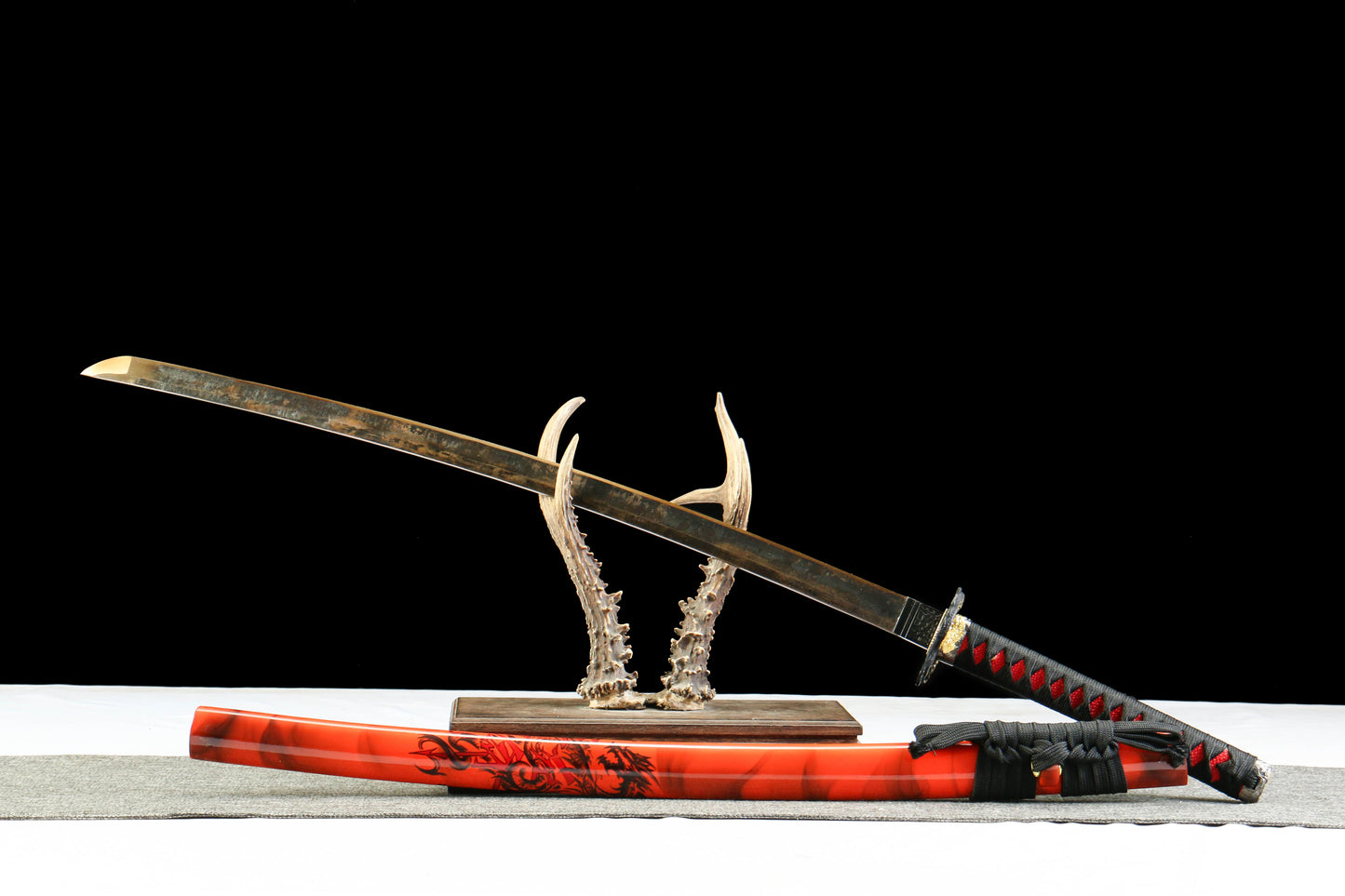 Hengmong Demon Katana with Vintage 1095 Carbon Steel Blade, Ebony Wood Saya, Oil Quenched and Tempered