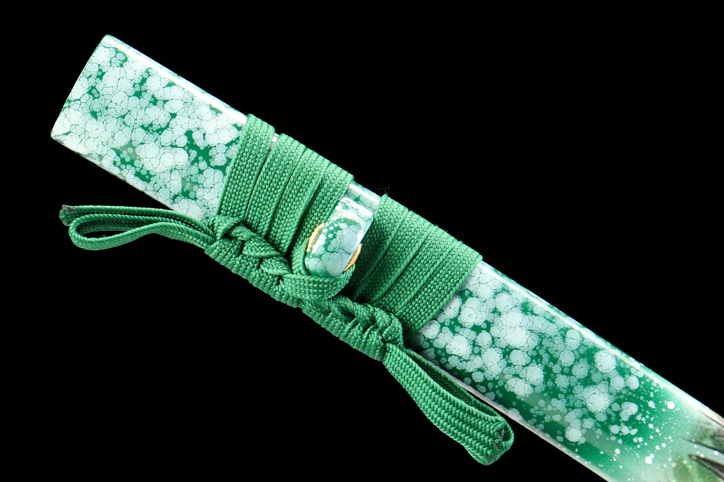 Damascus Pattern Steel Japanese Katana with Clay Tempered Blade and Green Tiger Saya
