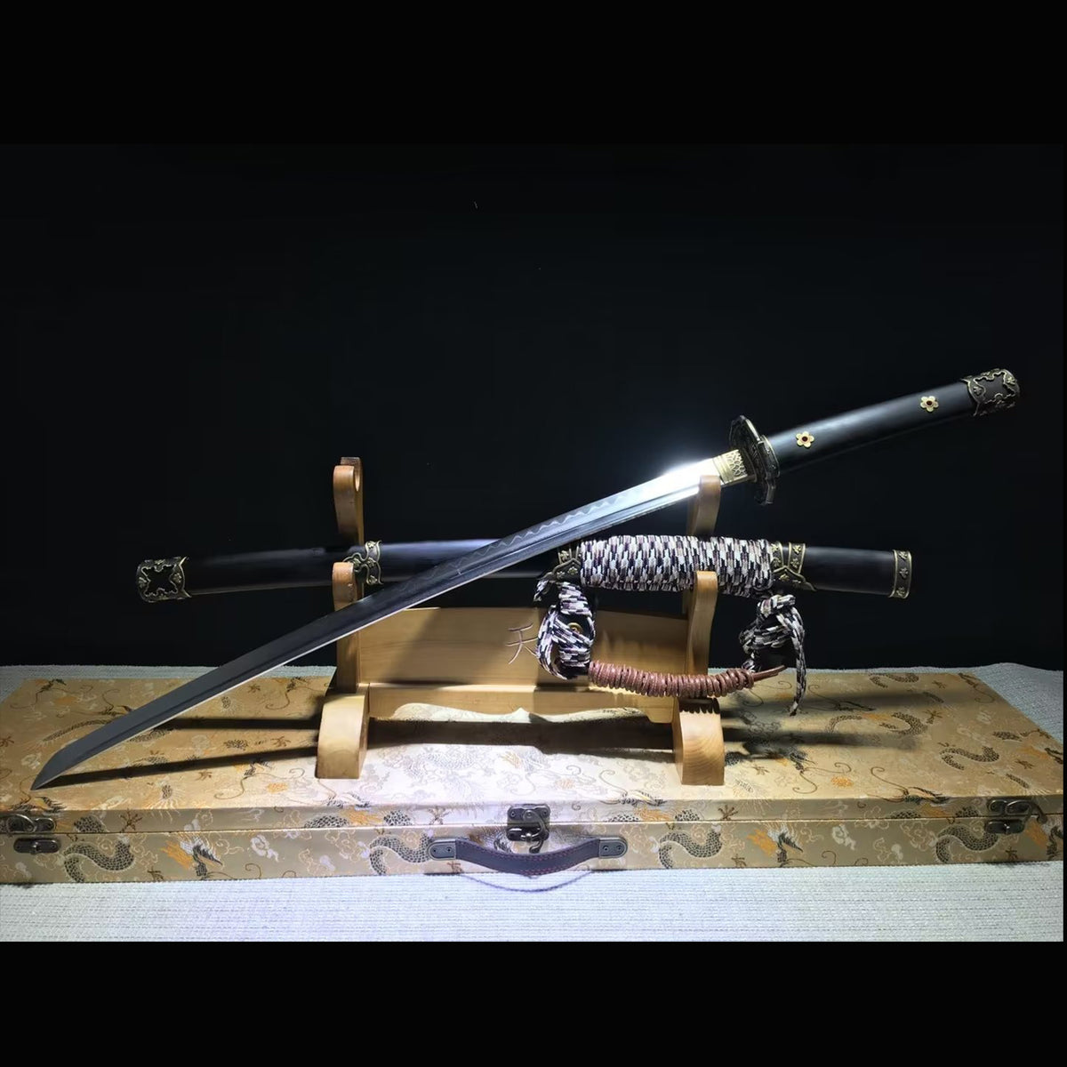 Wind and Cloud Tachi with Real Hamon | Full Tang Folded Pattern Steel Natural Ebony Wood Scabbard 102cm
