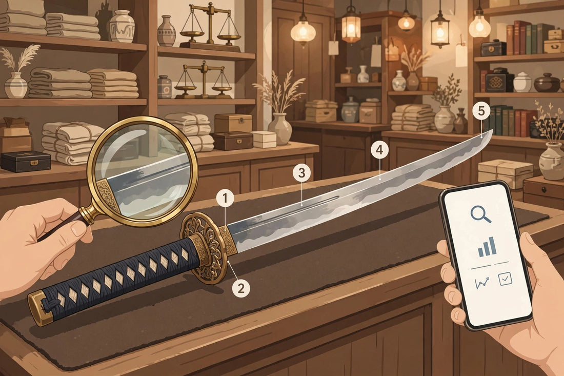 Antique store katana inspection checklist: check steel stamps, fitting quality, temper line, and price before buying