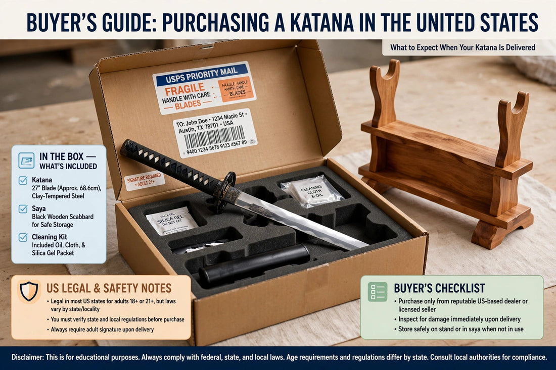 Katana in a protective shipping case ready for US delivery, with a sword stand nearby