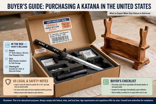Katana in a protective shipping case ready for US delivery, with a sword stand nearby